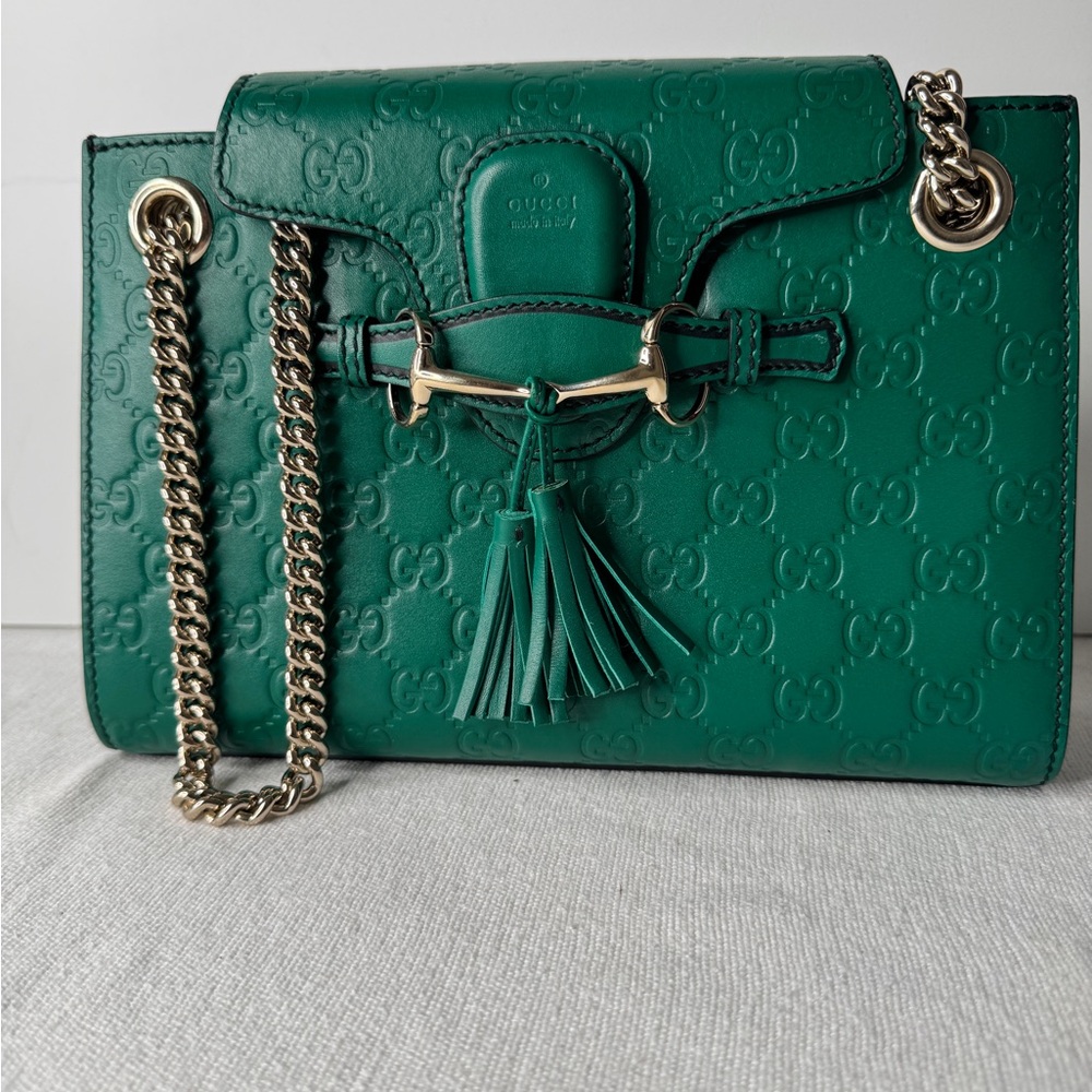 Gucci GG Guccissima Emily Medium Embossed Leather Crossbody with Gold Chain
